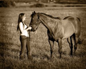 Sepia senior pic with horse- Kennebunk portrait